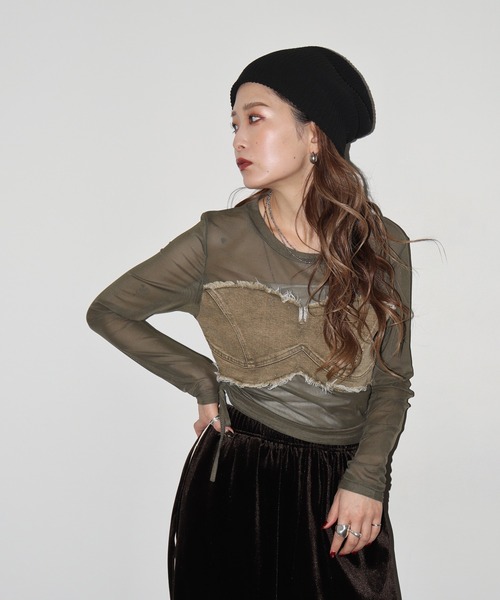 crossi(クロッシー)の「ビスチェ風デニム切替チュールレース長袖カットソー(Tシャツ/カットソー・レディース・カーキ/ブラック/ホワイト・FREE)」の6枚目の写真