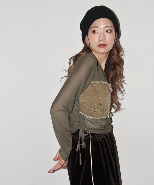 crossi(クロッシー)の「ビスチェ風デニム切替チュールレース長袖カットソー(Tシャツ/カットソー・レディース・カーキ/ブラック/ホワイト・FREE)」の7枚目の写真