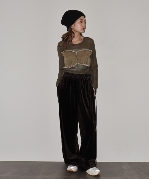 crossi(クロッシー)の「ビスチェ風デニム切替チュールレース長袖カットソー(Tシャツ/カットソー・レディース・カーキ/ブラック/ホワイト・FREE)」の8枚目の写真