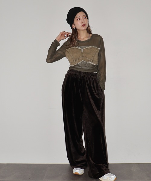 crossi(クロッシー)の「ビスチェ風デニム切替チュールレース長袖カットソー(Tシャツ/カットソー・レディース・カーキ/ブラック/ホワイト・FREE)」の9枚目の写真