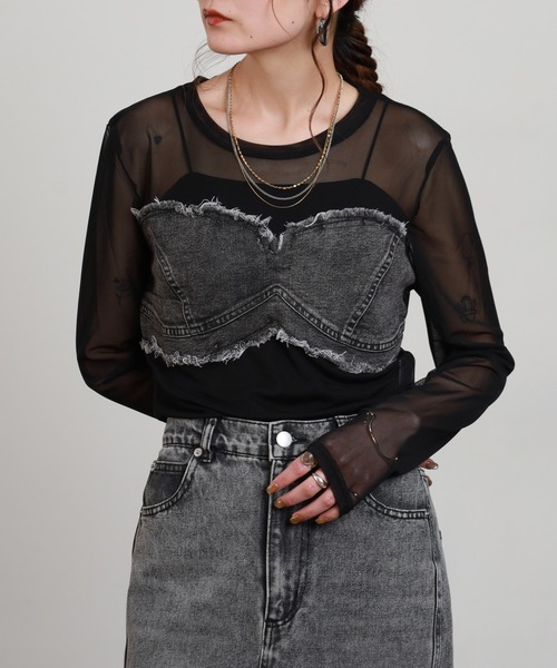 crossi(クロッシー)の「ビスチェ風デニム切替チュールレース長袖カットソー(Tシャツ/カットソー・レディース・カーキ/ブラック/ホワイト・FREE)」の17枚目の写真