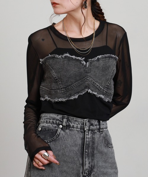 crossi(クロッシー)の「ビスチェ風デニム切替チュールレース長袖カットソー(Tシャツ/カットソー・レディース・カーキ/ブラック/ホワイト・FREE)」の18枚目の写真
