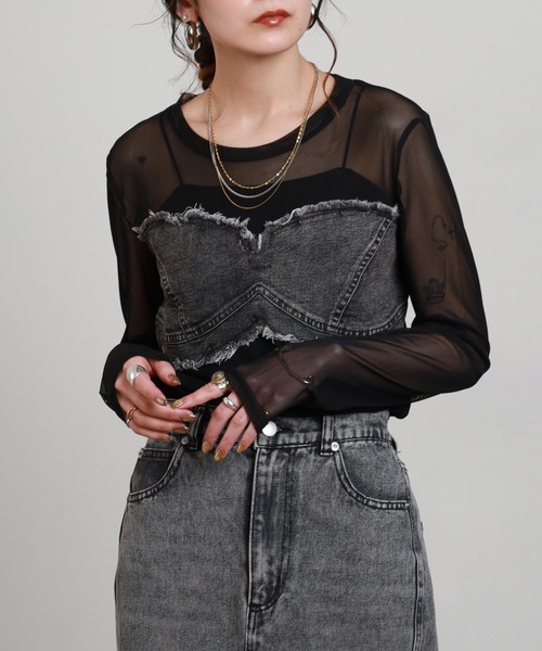 crossi(クロッシー)の「ビスチェ風デニム切替チュールレース長袖カットソー(Tシャツ/カットソー・レディース・カーキ/ブラック/ホワイト・FREE)」の19枚目の写真