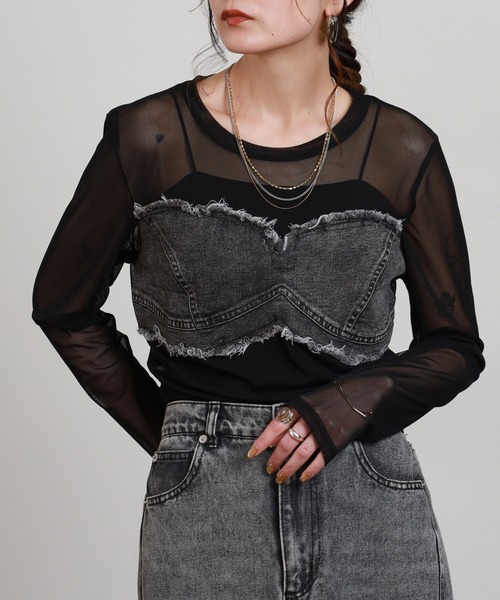crossi(クロッシー)の「ビスチェ風デニム切替チュールレース長袖カットソー(Tシャツ/カットソー・レディース・カーキ/ブラック/ホワイト・FREE)」の20枚目の写真