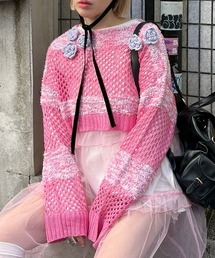 メッシュニット」に該当するトップス（ピンク/桃色系）ファッション