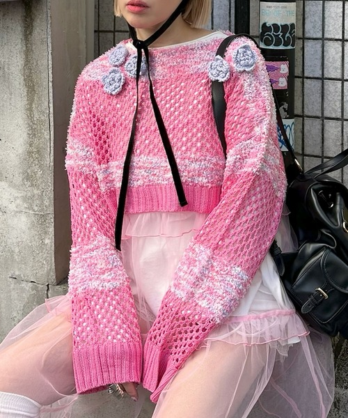 Alley Tokyo（アリートーキョー）の「フラワーモチーフメッシュカラフルニット（ニット/セーター・レディース・ピンク/ブルー/イエロー・FREE）」の3枚目の写真