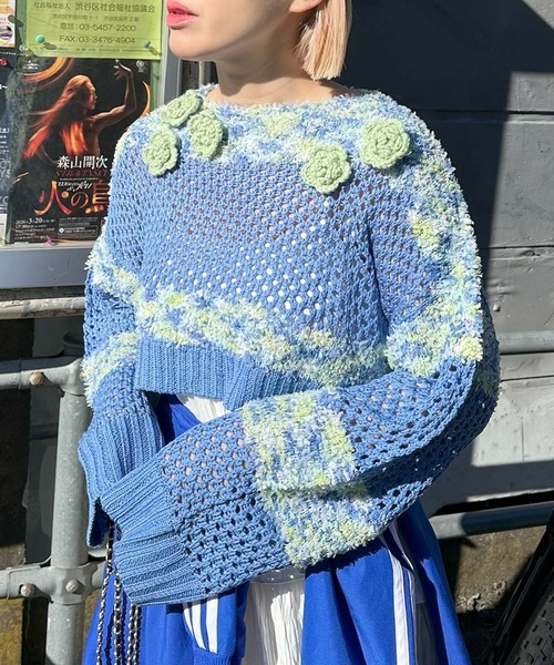 Alley Tokyo（アリートーキョー）の「フラワーモチーフメッシュカラフルニット（ニット/セーター・レディース・ピンク/ブルー/イエロー・FREE）」の2枚目の写真