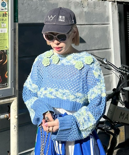 Alley Tokyo（アリートーキョー）の「フラワーモチーフメッシュカラフルニット（ニット/セーター・レディース・ピンク/ブルー/イエロー・FREE）」の8枚目の写真