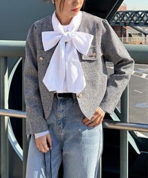 ISOOK（アイスー）の「【ISOOK / アイスー】ノーカラーツイードジャケット / サマーツイード ミドル丈 丸首 クルーネック 長袖 ブラック アイボリー グレーZOZOTOWN限定（ノーカラージャケット）」