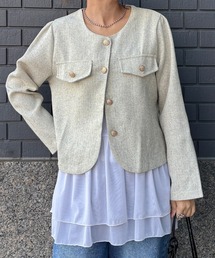 ISOOK（アイスー）の「【ISOOK / アイスー】ノーカラーツイードジャケット / サマーツイード ミドル丈 丸首 クルーネック 長袖 ブラック アイボリー グレーZOZOTOWN限定（ノーカラージャケット）」