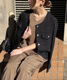 ISOOK（アイスー）の「【ISOOK / アイスー】ノーカラーツイードジャケット / サマーツイード ミドル丈 丸首 クルーネック 長袖 ブラック アイボリー グレーZOZOTOWN限定（ノーカラージャケット）」