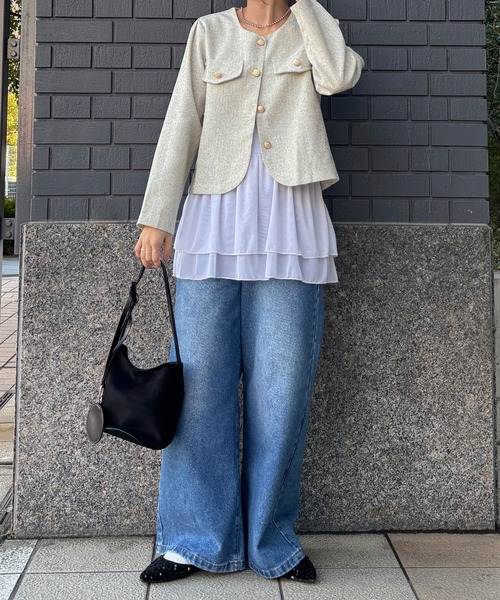 ISOOK（アイスー）の「【ISOOK / アイスー】ノーカラーツイードジャケット / サマーツイード ミドル丈 丸首 クルーネック 長袖 ブラック アイボリー グレーZOZOTOWN限定（ノーカラージャケット・レディース・アイボリー/ブラック/グレー・FREE）」の18枚目の写真