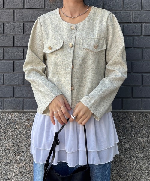 ISOOK（アイスー）の「【ISOOK / アイスー】ノーカラーツイードジャケット / サマーツイード ミドル丈 丸首 クルーネック 長袖 ブラック アイボリー グレーZOZOTOWN限定（ノーカラージャケット・レディース・アイボリー/ブラック/グレー・FREE）」の14枚目の写真