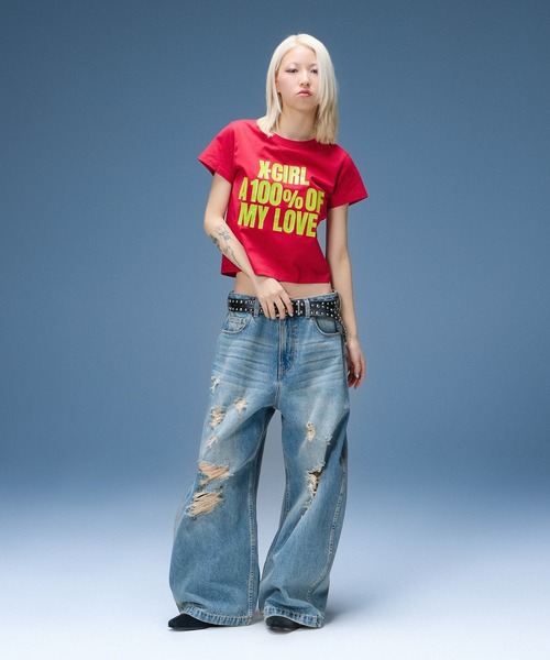 X-girl(エックスガール)の「HEAVY BLOCK LOGO S/S BABY TEE(Tシャツ/カットソー・レディース・ブラック/ホワイト/レッド・S/M)」の5枚目の写真