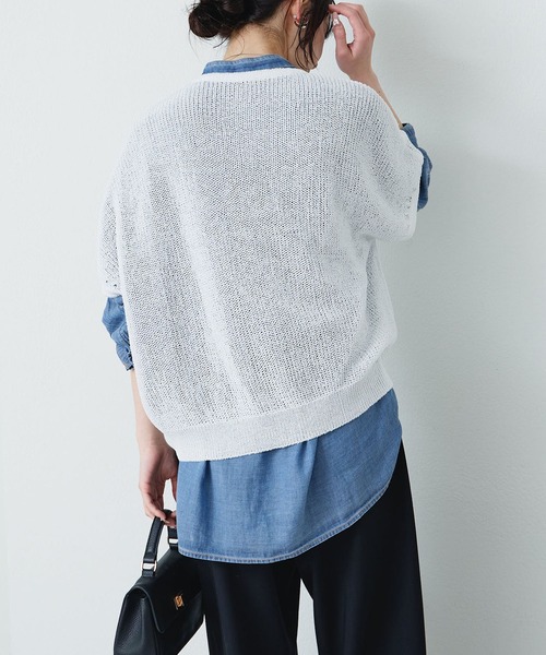 PUAL CE CIN（ピュアルセシン）の「アイレットデザインテープヤーンハーフスリーブニット（ニット/セーター・レディース・グレイッシュベージュ/ブラック/オフホワイト・FREE）」の6枚目の写真