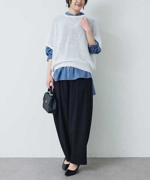 PUAL CE CIN（ピュアルセシン）の「アイレットデザインテープヤーンハーフスリーブニット（ニット/セーター・レディース・グレイッシュベージュ/ブラック/オフホワイト・FREE）」の7枚目の写真