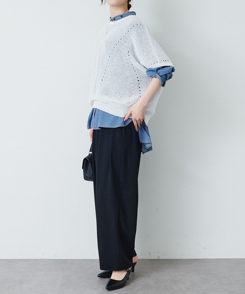 PUAL CE CIN（ピュアルセシン）の「アイレットデザインテープヤーンハーフスリーブニット（ニット/セーター・レディース・グレイッシュベージュ/ブラック/オフホワイト・FREE）」の8枚目の写真