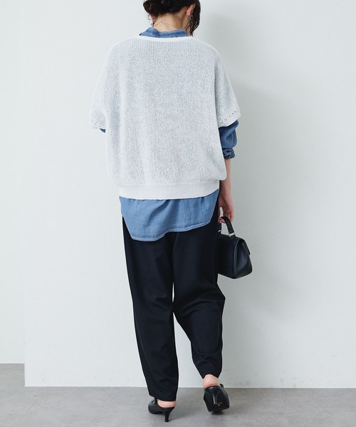 PUAL CE CIN（ピュアルセシン）の「アイレットデザインテープヤーンハーフスリーブニット（ニット/セーター・レディース・グレイッシュベージュ/ブラック/オフホワイト・FREE）」の9枚目の写真