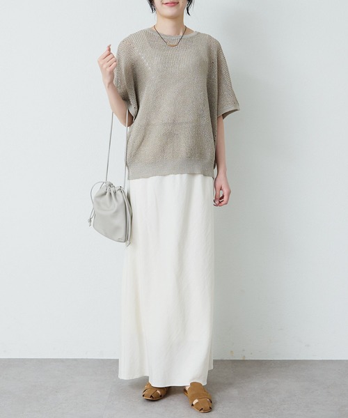 PUAL CE CIN（ピュアルセシン）の「アイレットデザインテープヤーンハーフスリーブニット（ニット/セーター・レディース・グレイッシュベージュ/ブラック/オフホワイト・FREE）」の19枚目の写真