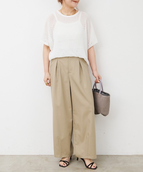 PUAL CE CIN（ピュアルセシン）の「アイレットデザインテープヤーンハーフスリーブニット（ニット/セーター・レディース・グレイッシュベージュ/ブラック/オフホワイト・FREE）」の12枚目の写真