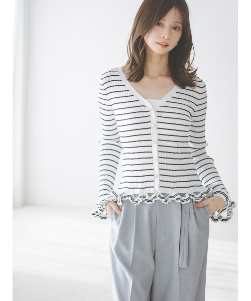 SNIDEL（スナイデル）の「ボーダーフリルカーディガン（カーディガン/ボレロ・レディース・その他/ネイビー/イエロー・F）」の4枚目の写真