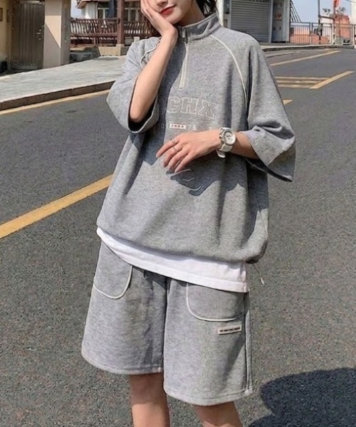セール】【UNISEX】ルーズフィット パイピングデザイン ハーフジップ