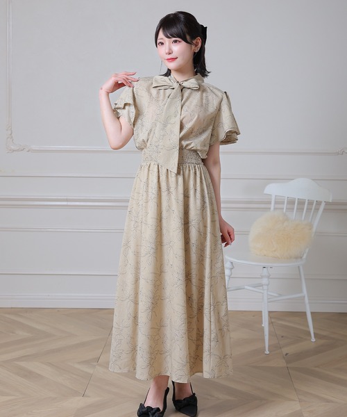 Anely(アネリー)の「花柄 ボウタイ リボン フリル袖 ロング ワンピース(ワンピース・レディース・ベージュ/アイボリー/ブラック・FREE)」の3枚目の写真