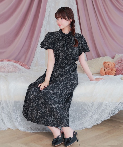 Anely(アネリー)の「花柄 ボウタイ リボン フリル袖 ロング ワンピース(ワンピース・レディース・ベージュ/アイボリー/ブラック・FREE)」の16枚目の写真