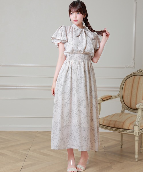 Anely(アネリー)の「花柄 ボウタイ リボン フリル袖 ロング ワンピース(ワンピース・レディース・ベージュ/アイボリー/ブラック・FREE)」の12枚目の写真