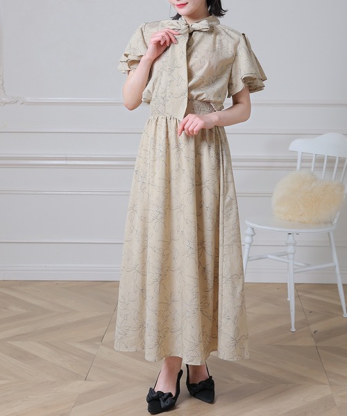 Anely(アネリー)の「花柄 ボウタイ リボン フリル袖 ロング ワンピース(ワンピース・レディース・ベージュ/アイボリー/ブラック・FREE)」の7枚目の写真