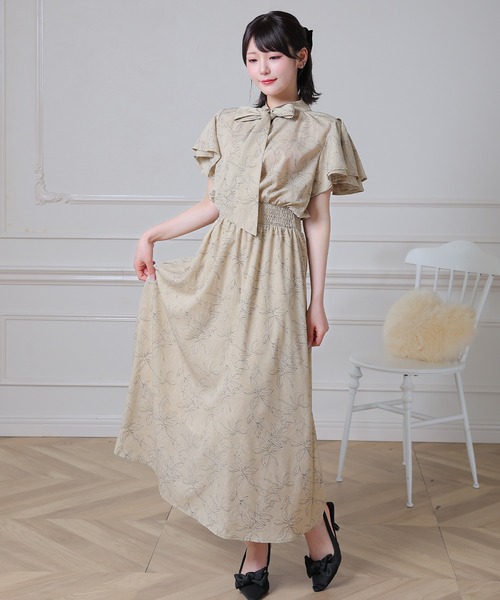 Anely(アネリー)の「花柄 ボウタイ リボン フリル袖 ロング ワンピース(ワンピース・レディース・ベージュ/アイボリー/ブラック・FREE)」の5枚目の写真