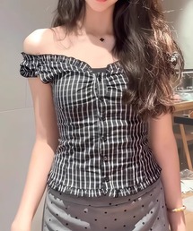 チェック柄フロントボタントップス