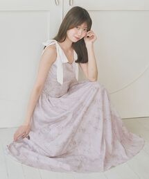 リボンショルダーフラワーワンピース