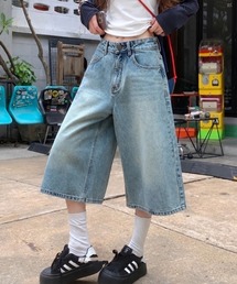 ワイドハーフデニムパンツ《ウォッシュ加工/ハイウエスト/バギー/バミューダ/レディース》