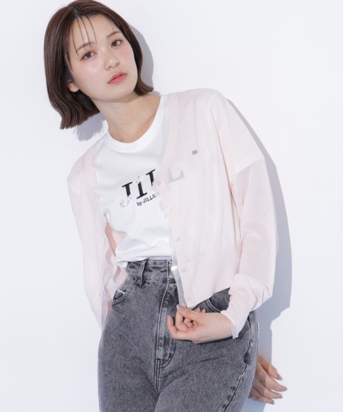 JILL by JILL STUART(ジルバイジルスチュアート)の「シアートリミングUVカーディガン(ニット/セーター・レディース・ピンク/ホワイト/ネイビー・FREE)」の1枚目の写真