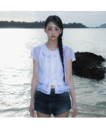 See-through Pleat Short Sleeved Blouse [Ivory]