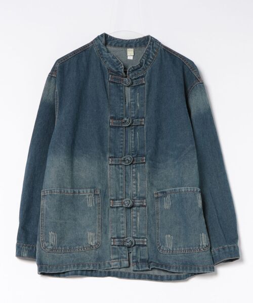 IO(イオ)(イオ)の「KUNG-FU SHIRT カンフーシャツ チャイナシャツ キレイめ 無地 長袖/ CTTP-001(デニムジャケット・レディース・ライトブルー/ダークブルー・LARGE/MEDIUM/SMALL)」の7枚目の写真
