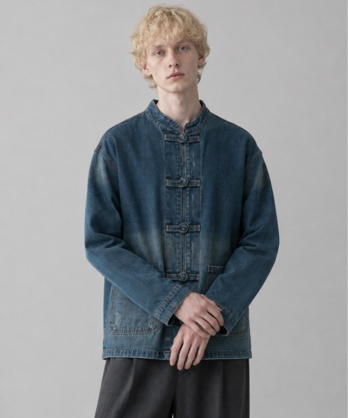 IO(イオ)(イオ)の「KUNG-FU SHIRT カンフーシャツ チャイナシャツ キレイめ 無地 長袖/ CTTP-001(デニムジャケット・レディース・ライトブルー/ダークブルー・LARGE/MEDIUM/SMALL)」の3枚目の写真