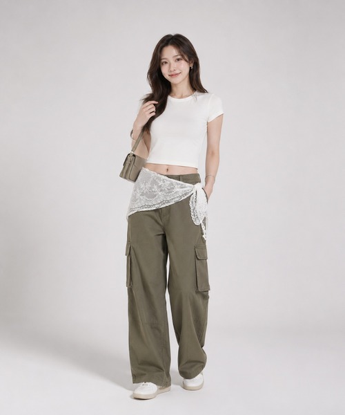 KONVINI(コンビニ)の「【KONVINI select】フラワーレースラップスカート レディース レイヤードスカート 重ね着 シアーレース バレエコア 韓国ファッション(スカート・レディース・ブラック/ホワイト・FREE)」の4枚目の写真