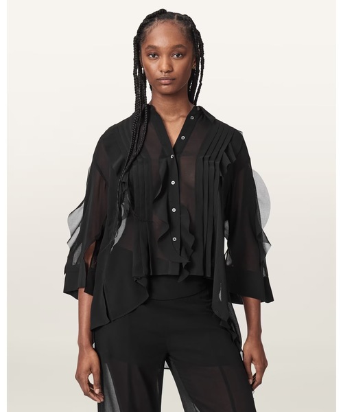 ALLSAINTS(オールセインツ)の「MINNA SHEER FRILL SHIRT | MINNA シアー フリル シャツ(シャツ/ブラウス・レディース・ブラック・8/10)」の1枚目の写真