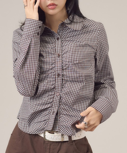 apres jour mignon(アプレジュールミニョン)の「アソート柄シャーリングシャツ(シャツ/ブラウス・レディース・ベージュ/チャコールグレー/ブラウン系その他/オフホワイト・LARGE/フリー)」の1枚目の写真