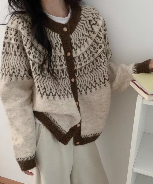 SHERU(シェル)の「ノルディック柄 バイカラー オーバーサイズ ニットカーディガン(ニット/セーター・レディース・ブラウン/ネイビー/グレー・M)」の1枚目の写真