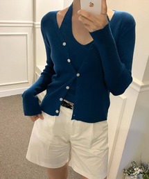 【セットアイテム】 アンサンブルニット ホルターネック カーディガン セット アンサンブル トップス Vネック ニット リブニット 長袖 レイヤード