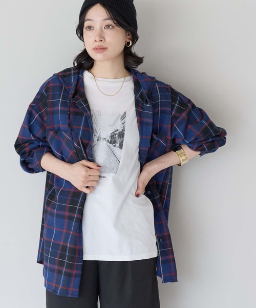 HEART MARKET(ハートマーケット)の「チェックフードシャツチュニック(シャツ/ブラウス・レディース・グレー/ベージュ/レッド/グリーン/イエロー/ネイビー・FREE)」の4枚目の写真