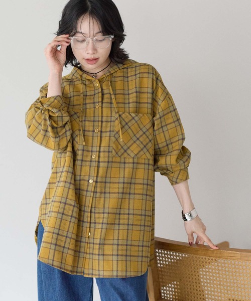 HEART MARKET(ハートマーケット)の「チェックフードシャツチュニック(シャツ/ブラウス・レディース・グレー/ベージュ/レッド/グリーン/イエロー/ネイビー・FREE)」の5枚目の写真