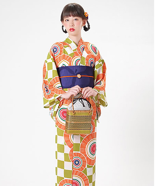 浴衣ゆかた個性的幾何学模様モザイク図形ハートクローバーレッド 