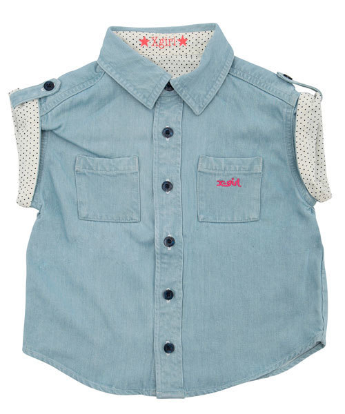 X-girl Stages（エックスガールステージス）の「DENIM  S/S  SHIRT (12M～3T)（シャツ/ブラウス・キッズ・インディゴブルー/ライトブルー・12M/2T/3T）」の2枚目の写真