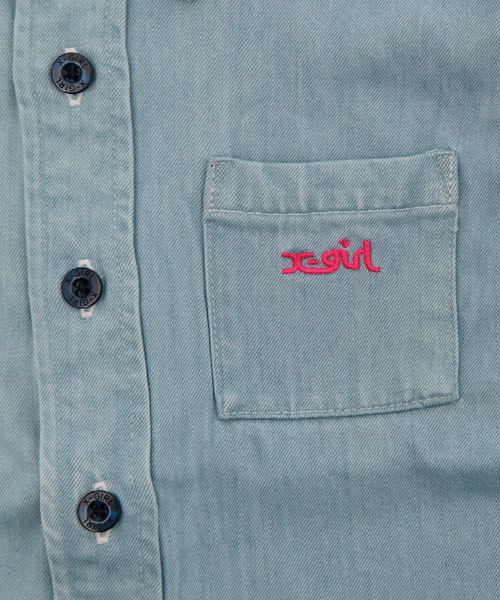 X-girl Stages（エックスガールステージス）の「DENIM  S/S  SHIRT (12M～3T)（シャツ/ブラウス・キッズ・インディゴブルー/ライトブルー・12M/2T/3T）」の4枚目の写真