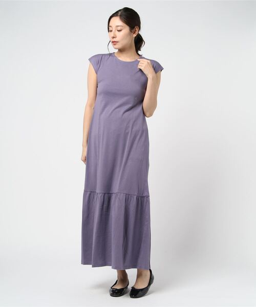 STYLEBLOCK（スタイルブロック）の「天竺フレンチスリーブギャザーマキシワンピース（ワンピース・レディース・ブラック/テラコッタ/カーキ/パープル/ライトベージュ・M）」の5枚目の写真