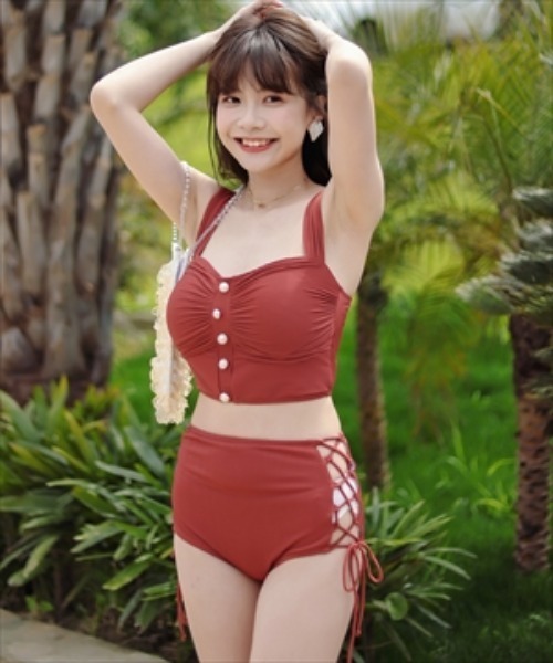 水着 レディース タンキニ レースアップ ビスチェ トップス 2PC セール】水着 ビスチェ風レースアップバックシャンハイウエスト